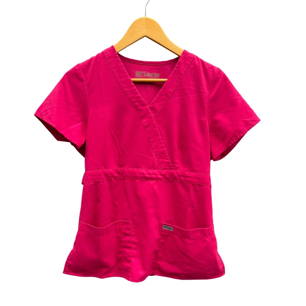 Greys Anatomy by Barco Pink Mock Wrap V-Neck Scrub Top Small